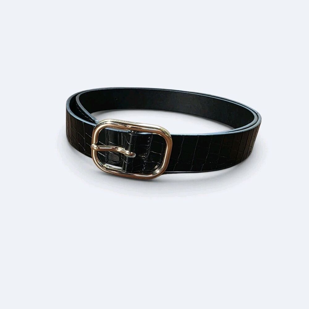 Old Navy Womens Faux Croc Embossed Fa Leather Belt Black Gold Buckle Size XL/XXL